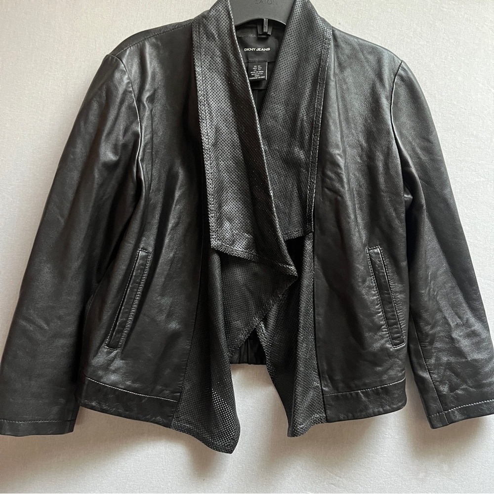 DKNY Lamb Leather Shawl Collar Draped Front Jacket XS